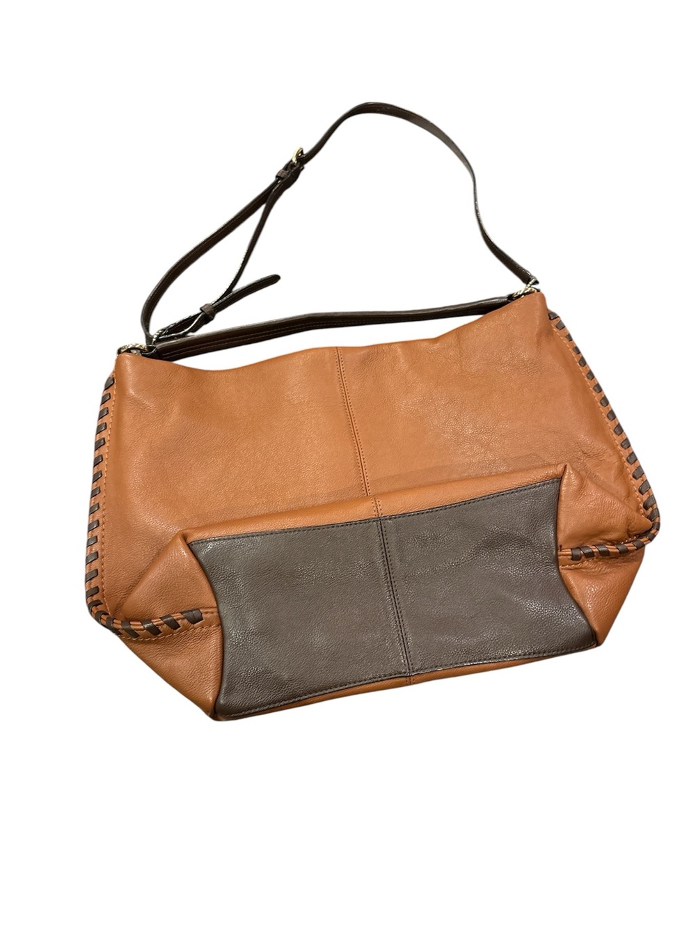 Cole Haan Tan Leather Hobo Shoulder Bag with dark brown stitching on sides - Picture 3 of 9